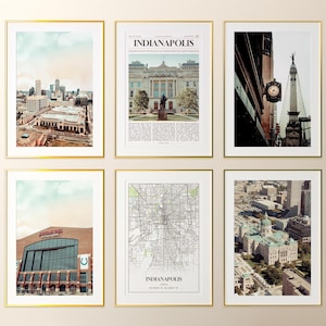 Conjunto de 6 impresiones de la ciudad de Indianápolis, pósteres fotográficos de Indianápolis, mapa de Indianápolis, fotografía de Indianápolis, Indiana, Estados Unidos