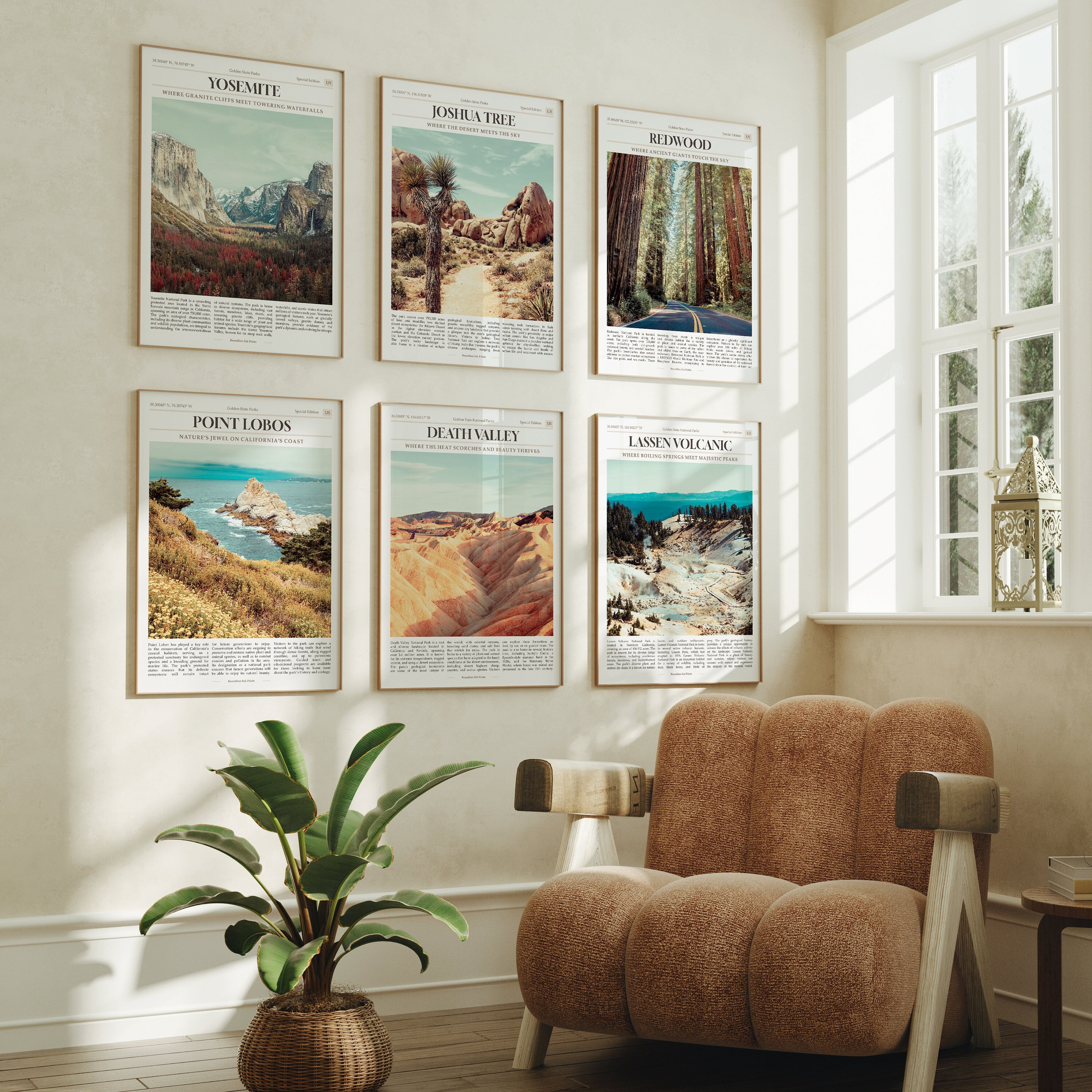 California National Parks Poster Prints Set of 6, Yosemite, Joshua Tree, Redwood, Point Lobos, Death Valley, Lassen Volcanic National Parks