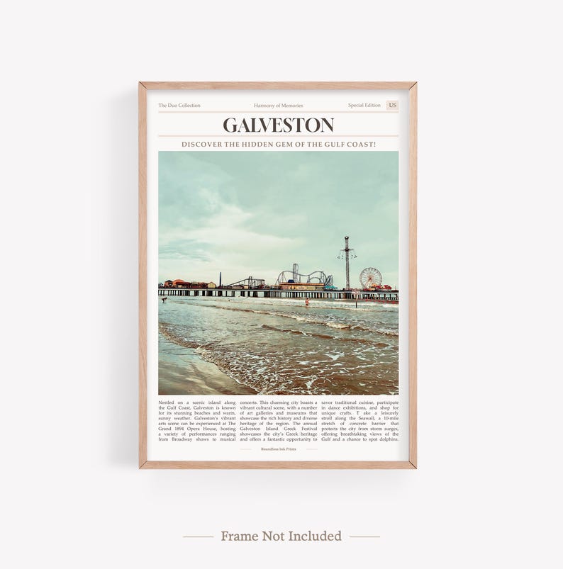 Lot de 2 impressions sur la ville de Galveston, carte de Galveston, affiche photo de Galveston, art mural Galveston, photographie de Galveston, Texas, États-Unis One Print - Article