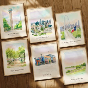 Galleria di stampe ad acquerello di Dallas TX, poster colorati di dipinti di Dallas, arte murale di Dallas, regalo di Dallas, Texas, Stati Uniti