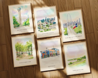 Dallas TX Watercolor Prints Gallery Wall, Colorful Dallas Painting Posters, Dallas Wall Art, Dallas Gift, Texas, United States