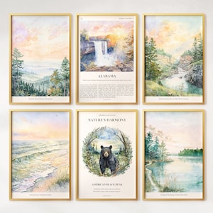 Lot de 6 impressions aquarelle Alabama, affiches colorées de l'Alabama, ours noir américain, art mural Alabama, cadeau Alabama, États-Unis