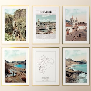 Conjunto de 6 impressões do Equador, pôsteres fotográficos do Equador, mapa do Equador, arte de parede do Equador, fotografia do Equador, Equador