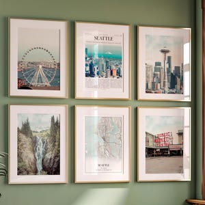 Conjunto de 6 impressões da cidade de Seattle, fotos de pôster de Seattle, mapa de Seattle, arte de parede de Seattle, fotografia de Seattle, Washington, Estados Unidos