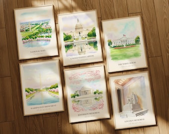 Washington D.C. Watercolor Prints Gallery Wall, Colorful Washington D.C. Painting Posters, Washington D.C. Gift, United States