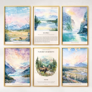 Watercolor Alaska Prints Set of 6, Colorful Alaska Posters, Alaska Wall Art, Alaska Gift, United States