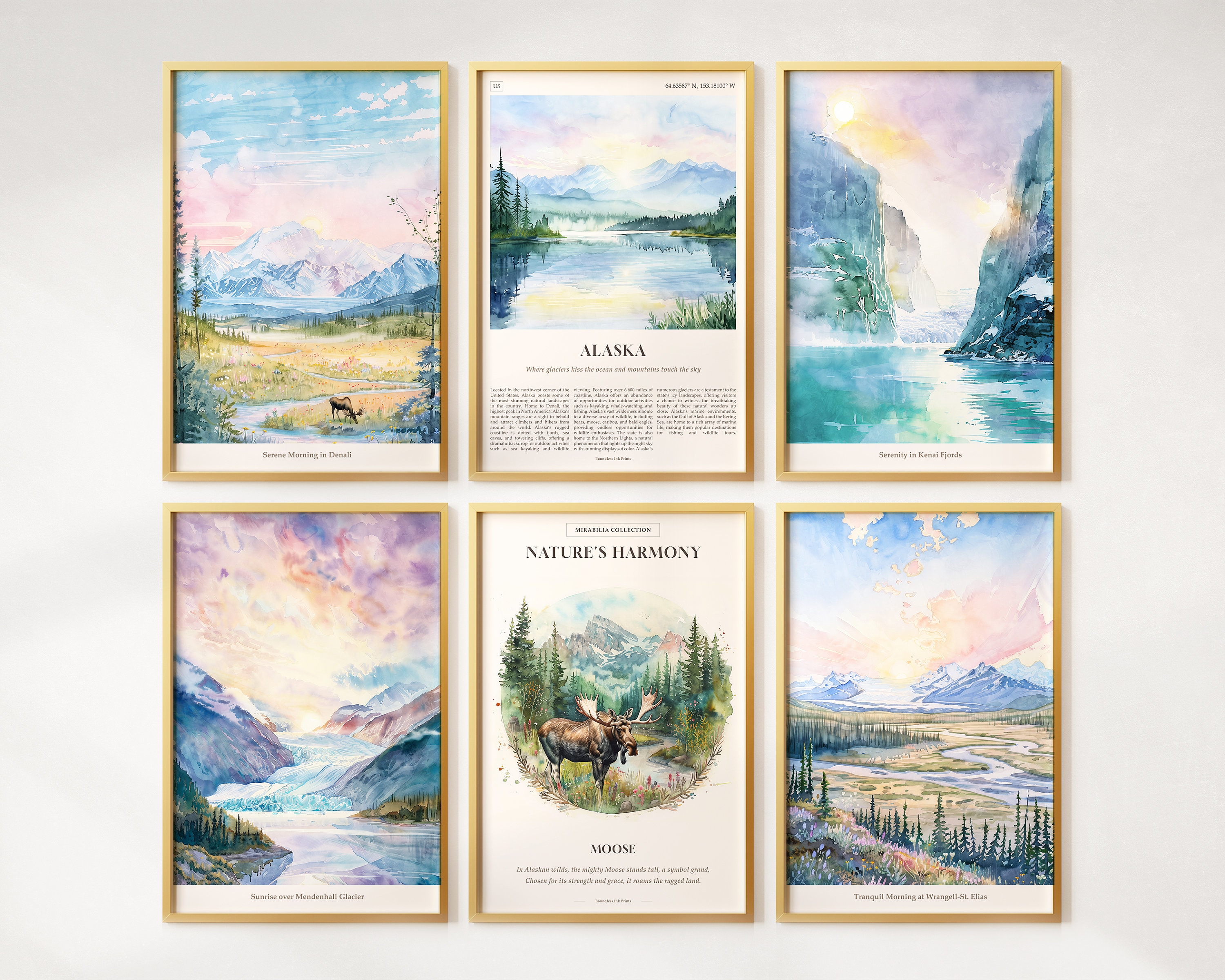 Aquarel Alaska-afdrukken set van 6, kleurrijke Alaska-posters, Alaska Wall Art, Alaska-cadeau, Verenigde Staten