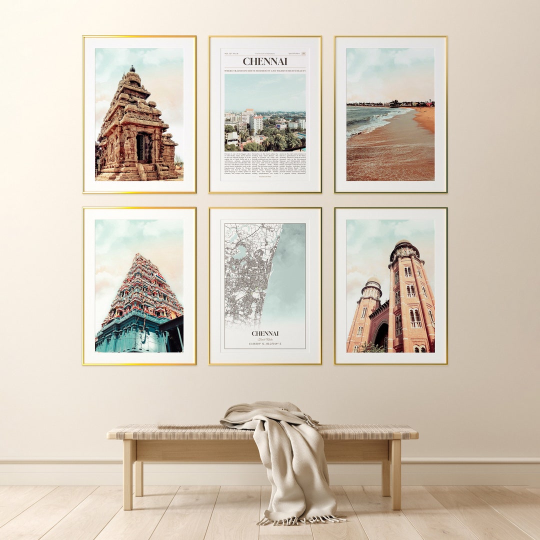 Chennai City Prints Set of 6, Chennai Poster Photos, Chennai Map, Chennai Wall Art, Chennai