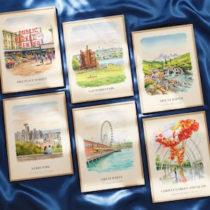 Seattle WA Watercolor Prints Gallery Wall, Colorful Seattle Painting Posters, Seattle Wall Art, Seattle Gift, Washington, United States
