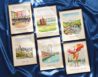 Seattle WA Watercolor Prints Gallery Wall, Colorful Seattle Painting Posters, Seattle Wall Art, Seattle Gift, Washington, United States