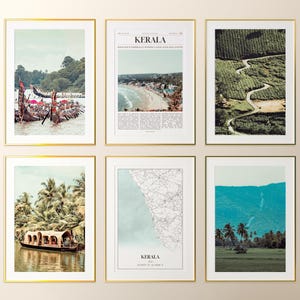 Conjunto de 6 impressões de Kerala, fotos de pôster de Kerala, mapa de Kerala, arte de parede de Kerala, fotografia de Kerala, Índia