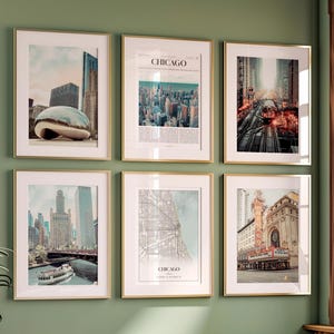 Conjunto de 6 impressões da cidade de Chicago, fotos de pôster de Chicago, mapa de Chicago, arte de parede de Chicago, fotografia de Chicago, Illinois, Estados Unidos