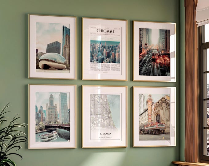 Chicago Prints Set of 6, Chicago Poster Photos, Chicago Map, Chicago Wall Art, Chicago Photography, Illinois Art