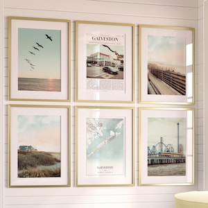 Juego de 6 impresiones de la ciudad de Galveston, póster fotográfico de Galveston, mapa de Galveston, fotografía de Galveston, Texas, Estados Unidos