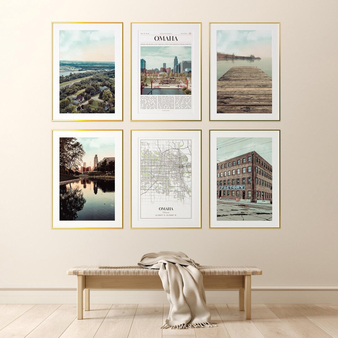 Omaha City Prints Set of 6, Omaha Poster Photos, Omaha Map, Omaha Wall Art, Omaha Photography