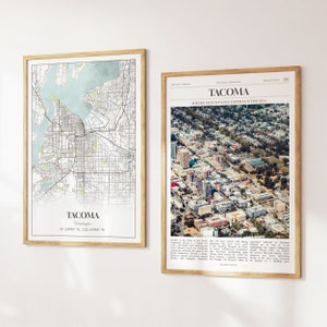 Lot de 2 impressions de la ville de Tacoma, carte de Tacoma, affiche photo de Tacoma, art mural de Tacoma, photographie de Tacoma, Washington, États-Unis