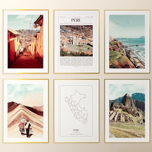 Peru imprime conjunto de 6, fotos de pôster do Peru, mapa do Peru, arte da parede do Peru, fotografia do Peru, Peru