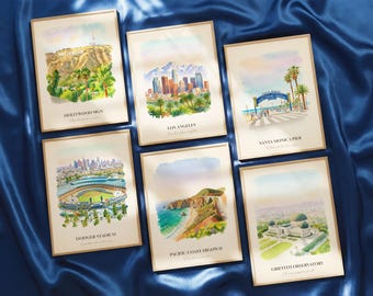 Los Angeles CA Watercolor Prints Gallery Wall, Colorful Los Angeles Painting Posters, Los Angeles Gift, California, United States