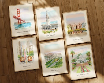 San Francisco Watercolor Prints Gallery Wall, Colorful San Francisco Painting Posters, San Francisco Gift, California, United States