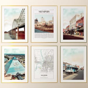 Lot de 6 tirages de la ville de Memphis, affiches photos de Memphis, carte de Memphis, art mural Memphis, photographies de Memphis, Tennessee, États-Unis