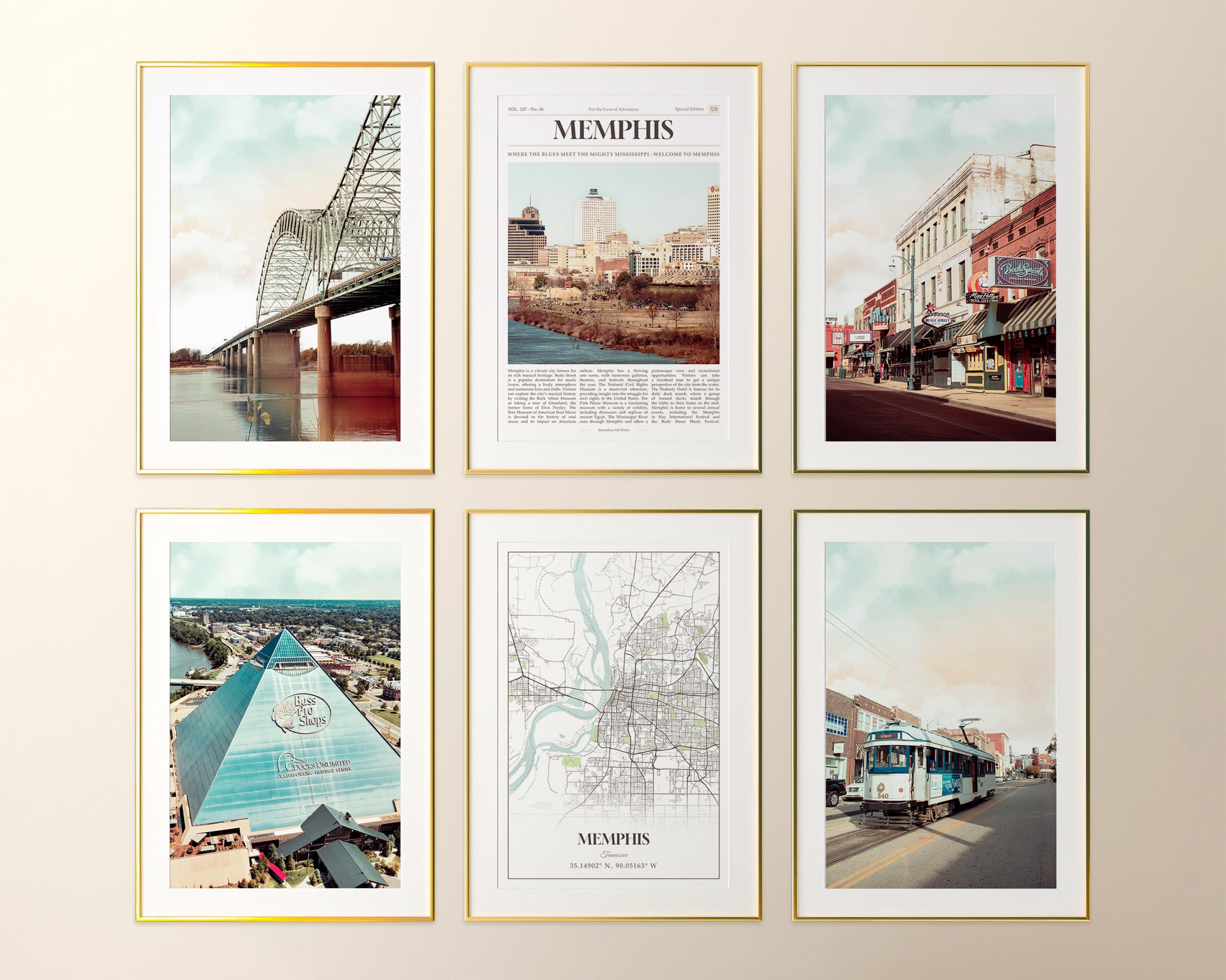 Memphis City Prints Set of 6, Memphis Poster Photos, Memphis Map, Memphis Wall Art, Memphis Photography, Tennessee, United States