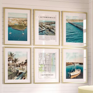 Lake Worth Beach City wordt afgedrukt, set van 6, Lake Worth Beach poster foto's, kaart Lake Worth Beach, strandfotografie Lake Worth, Florida