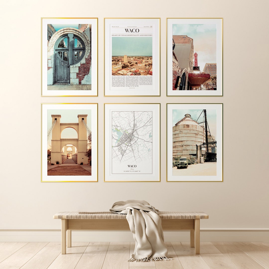 Waco City Prints Set of 6, Waco Photo Poster, Waco Map, Waco Wall Art Gallery, Waco Photography