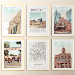 Conjunto de 6 impressões da cidade de Fort Worth, fotos de pôsteres de Fort Worth, mapa de Fort Worth, arte de parede de Fort Worth, fotografia de Fort Worth, Texas, Estados Unidos