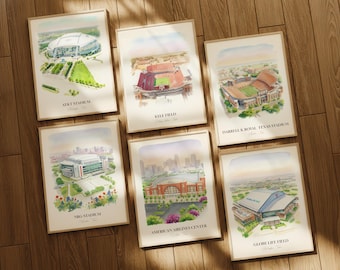 Texas Watercolor Stadiums and Arenas, Texas Football Prints, Texas Baseball Wall Art, Texas Basketball Posters, Texas Sports Fan Gift