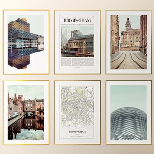 Conjunto de 6 láminas de la ciudad de Birmingham, pósteres fotográficos de Birmingham, mapa de Birmingham, arte mural de Birmingham, fotografía de Birmingham, Inglaterra