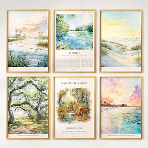 Watercolor Florida Prints Set of 6, Colorful Florida Posters, Florida Panther, Florida Wall Art, Florida Gift, United States