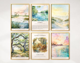 Aquarel Florida prints set van 6, kleurrijke Florida posters, Florida Panther, Florida Wall Art, Florida Gift, Verenigde Staten