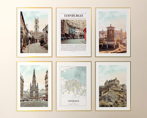 Edinburgh Prints Set of 6, Edinburgh Poster Photos, Edinburgh Map, Edinburgh Wall Art, Edinburgh Photography, Scotland Art