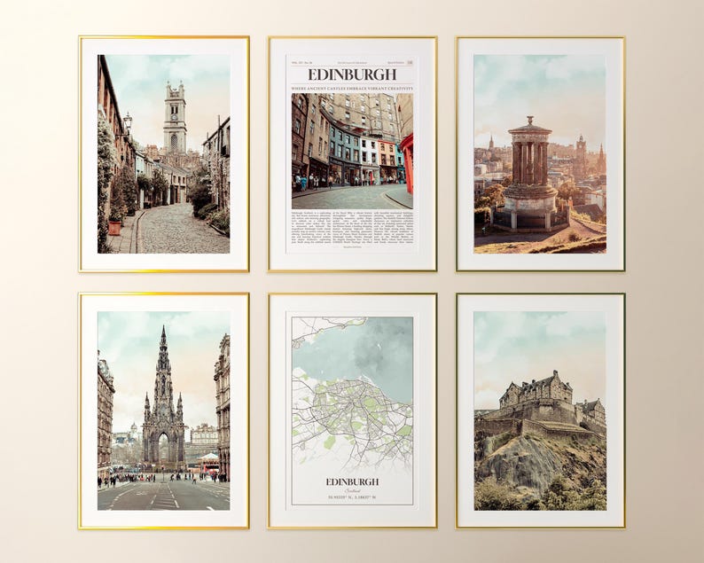 May include: Six framed art prints with gold frames. The prints feature images of Edinburgh, Scotland, including street scenes, a map, and architectural landmarks. The color palette includes beige, brown, and blue.