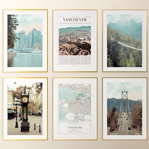 Conjunto de 6 impresiones de la ciudad de Vancouver, póster fotográfico de Vancouver, mapa de Vancouver, fotografía de Vancouver, Columbia Británica, Canadá
