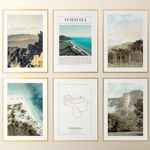 Conjunto de 6 impressões da Venezuela, pôster fotográfico da Venezuela, mapa da Venezuela, galeria de arte de parede da Venezuela, fotografia da Venezuela, Venezuela