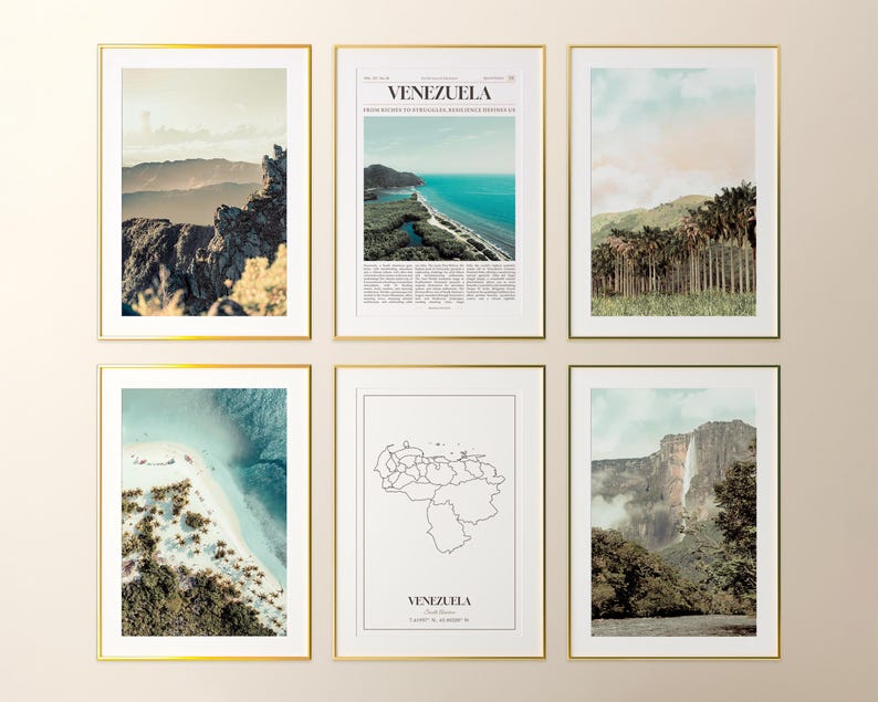 May include: Six framed art prints with gold frames. The prints feature landscape photography of Venezuela, including mountain ranges, coastlines, and a map. The prints are displayed on a neutral-colored wall.