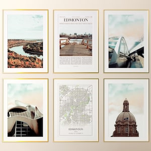 Conjunto de 6 impressões da cidade de Edmonton, pôster fotográfico de Edmonton, mapa de Edmonton, galeria de arte de parede de Edmonton, fotografia de Edmonton, Alberta, Canadá