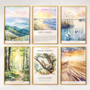 Watercolor North Carolina Prints Set of 6, Colorful North Carolina Posters, North Carolina Wall Art, North Carolina Gift, United States
