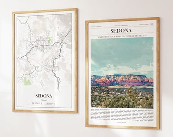 Sedona stadstryck set om 2, Sedona karta, Sedona affischfoto, Sedona väggkonst, Sedona fotografi, Arizona, USA