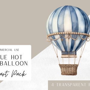 Balão de ar quente azul, balão de ar quente em aquarela para berçário ou artesanato, para uso comercial, PNGs transparentes, balão de ar quente, chá de bebê