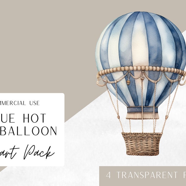 Blue Hot Air Ballon , Watercolor Hot Air Balloon for Nursery or crafting, for commercial use, Transparent PNGs, Hot Air Balloon, Baby Shower