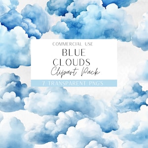 Watercolor Cloud Clipart, Clipart for Commercial Use, Cloud Illustrations, Blue Clouds, Nursery Clipart, Wall Art, Transparent PNG&#39;s