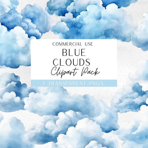 Watercolor Cloud Clipart, Clipart for Commercial Use, Cloud Illustrations, Blue Clouds, Nursery Clipart, Wall Art, Transparent PNG's