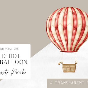 Balão de ar quente vermelho, balão de ar quente em aquarela para berçário ou artesanato, para uso comercial, PNGs transparentes, balão de ar quente, chá de bebê