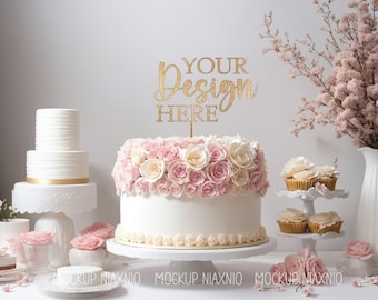 Op de afbeelding: Een witte bruidstaart versierd met roze en witte rozen, een gouden topper met de tekst "Your Design Here" en een witte taartstandaard. Er staan ook cupcakes en andere decoraties op de tafel.