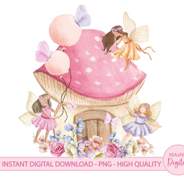 Fairy Garden Watercolor Clipart, Spring Fairies PNG Birthday, Fairy Garden Watercolor Clipart Enchanted Forest Digital Download