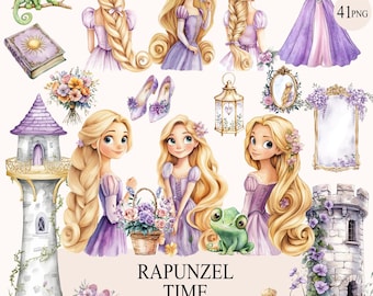 May include: A watercolor clipart set featuring Rapunzel, a tower, a chameleon, a frog, flowers, a lantern, a mirror, a bottle of potion, and a dress. The set is titled "Rapunzel Time".