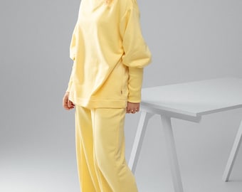 Melted butter yellow cotton tracksuit, set of hoodie and wide pants “Sunny”. Leisure clothes, wide pants.