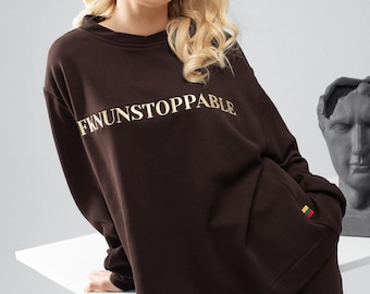 Chocolate brown cotton tracksuit, set of hoodie and wide pants “Unstoppable”. Athleisure clothes for men and women.